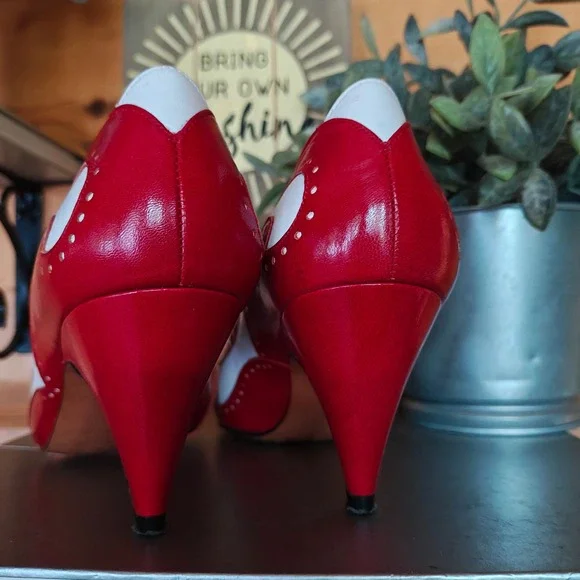 Evan Picone Vintage Leather Scalloped Spectator Pumps Red White Heels Chic Sz 5M - Picture 10 of 10